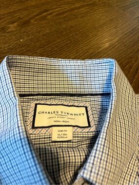 Charles Tyrwhitt Blue and White Checked Slim Fit Dress Shirt